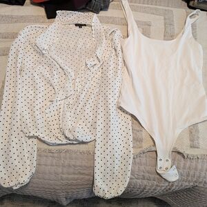 Dynamite Black Polka Dot Blouse and White Bodysuit